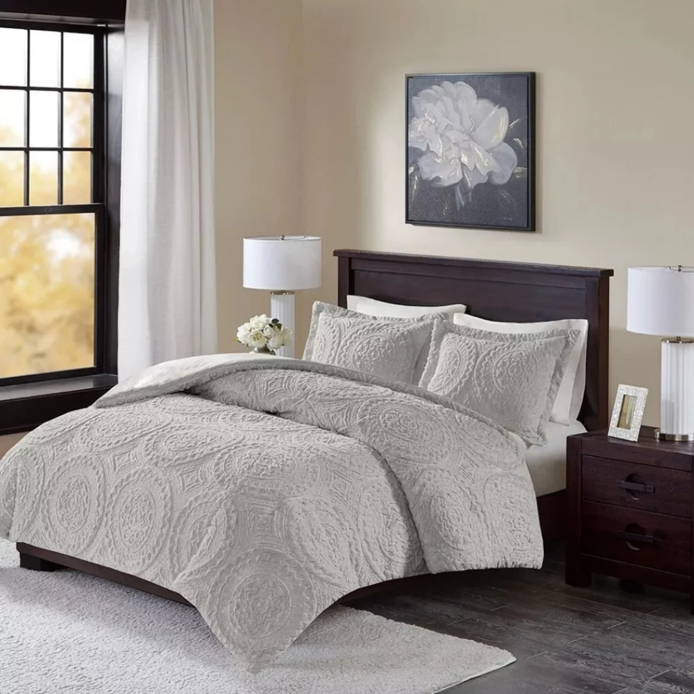Madison Park Full/Queen Faux Fur Ultra Plush Comforter Set Gray Down Alternative